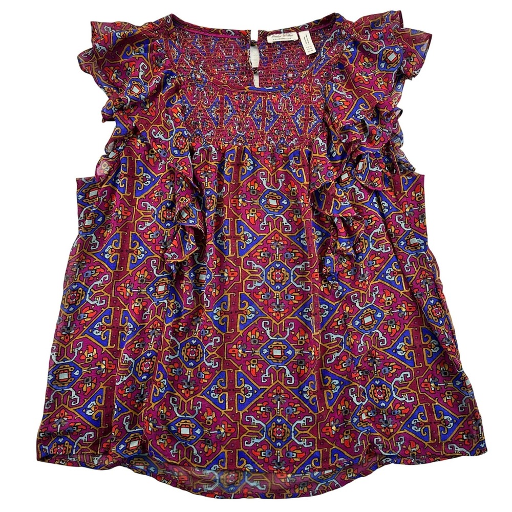 Meadow Rue Anthropologie Magenta Geometric Smocked Ruffle Blouse Top Womens 14